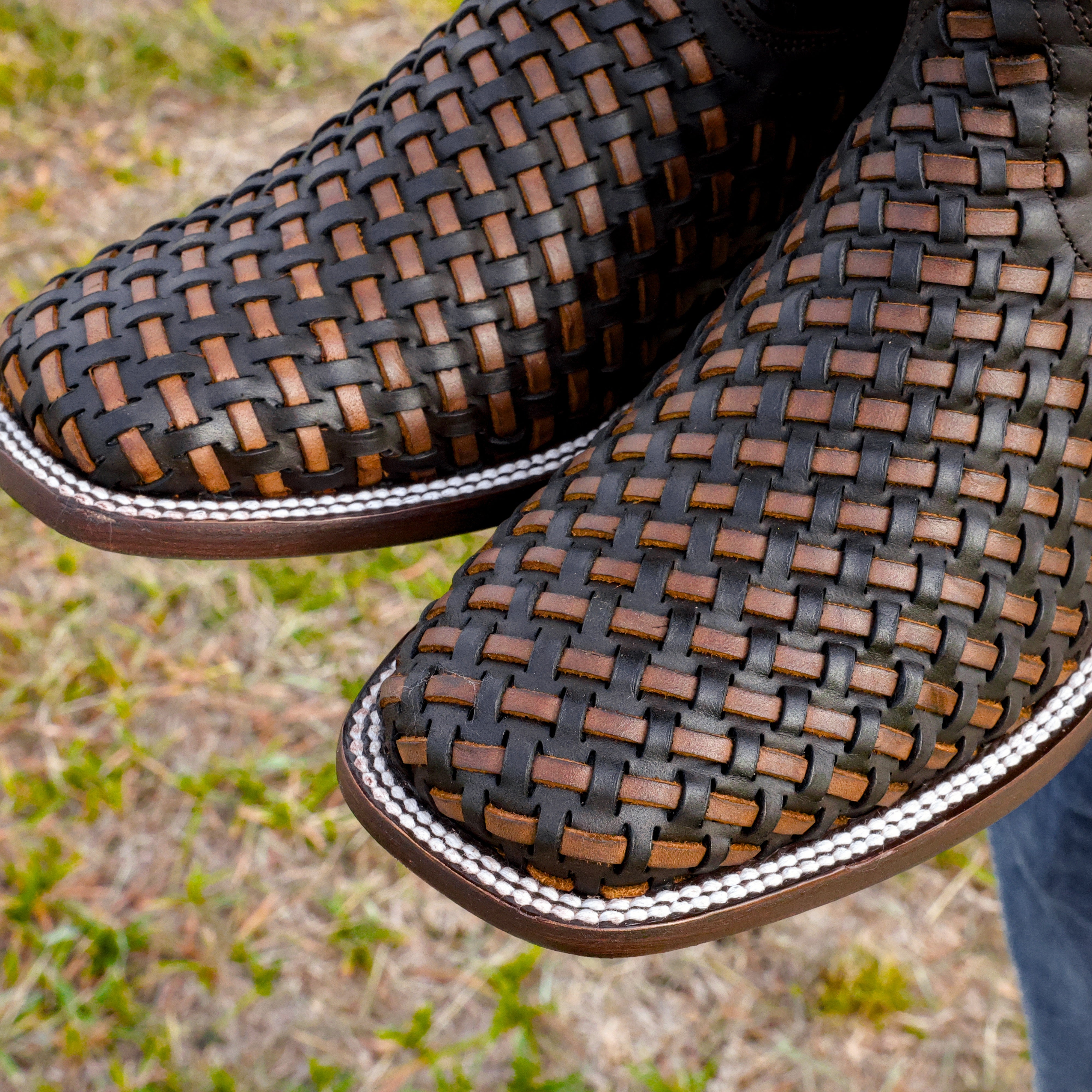 Brown Basketweave Leather Boots - Square Toe