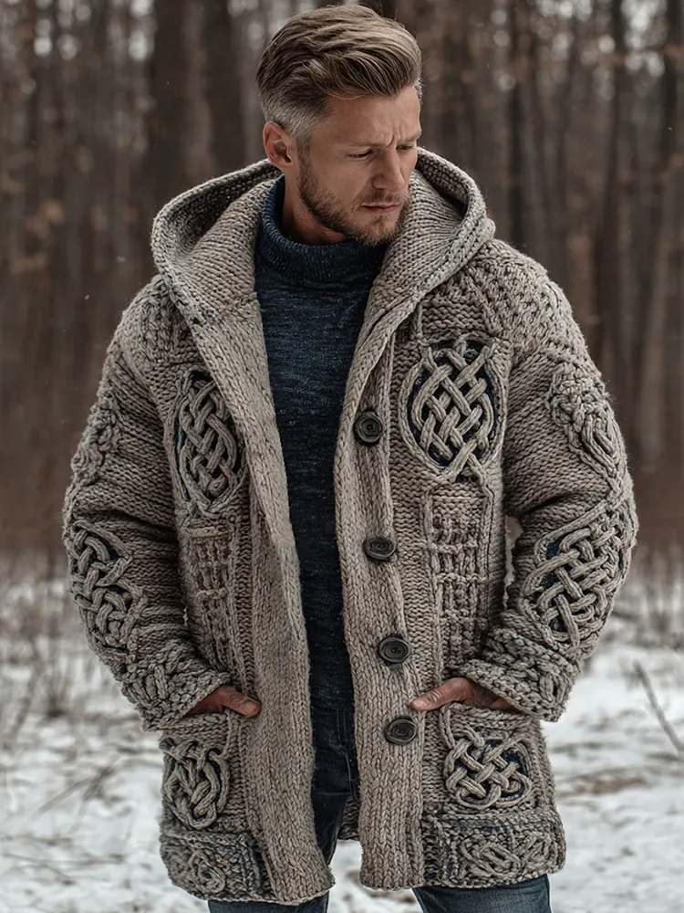 Men's Viking Celtic Knot Jacquard Button Down Hooded Knitted Cardigan