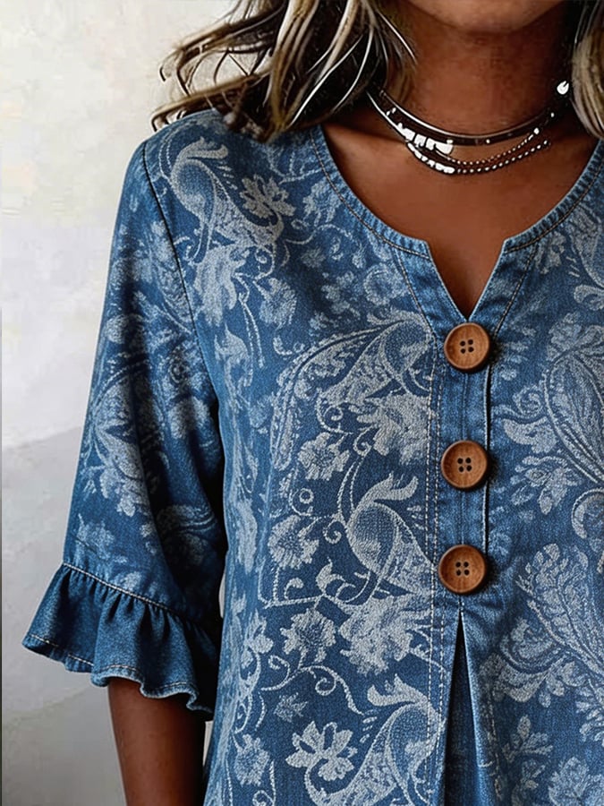 Women's Casual Denim Jacquard Short-Sleeve Top