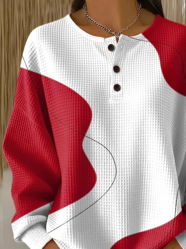Women's Abstract Print Button-Up Casual Waffle Knit Sweatshirt