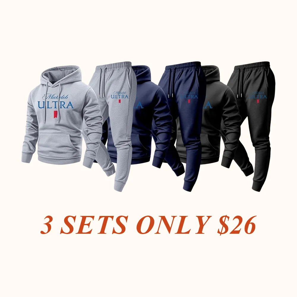 Men's vintage print hooded sweatshirt and drawstring sweatpants set, men's clothing