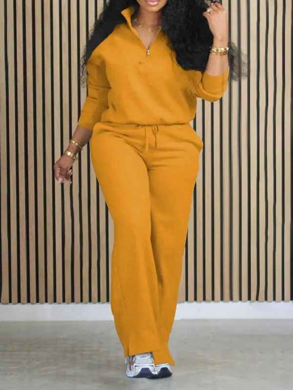 Women's Solid Half Placket Split Hem Pants Set