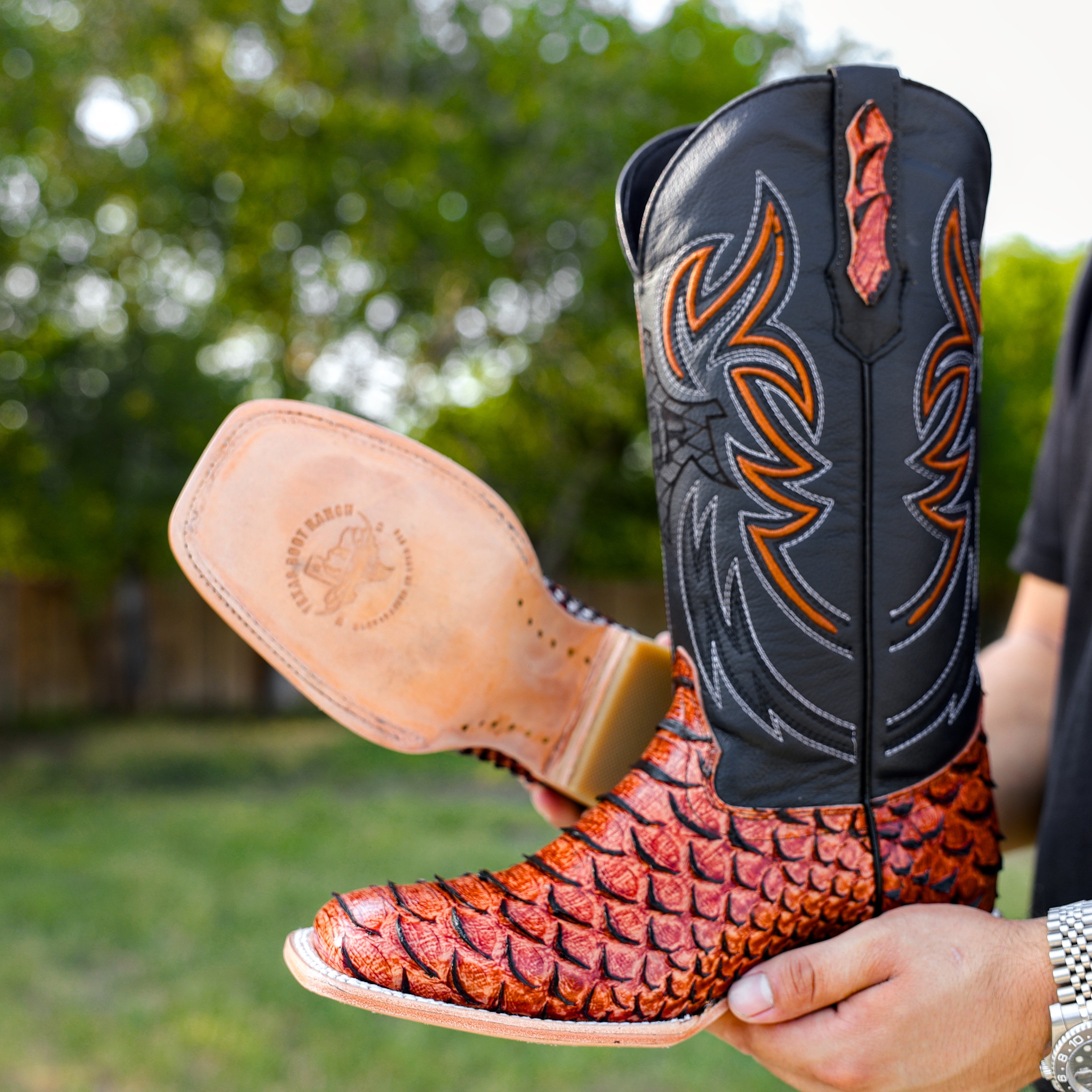 Cognac Python Leather Boots - Square Toe