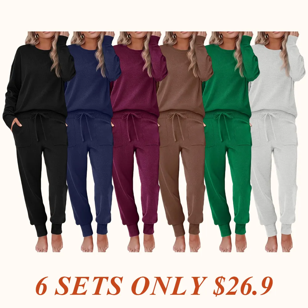 Women's Long Sleeve Knit Loungewear Set Jogger Pants Outfit