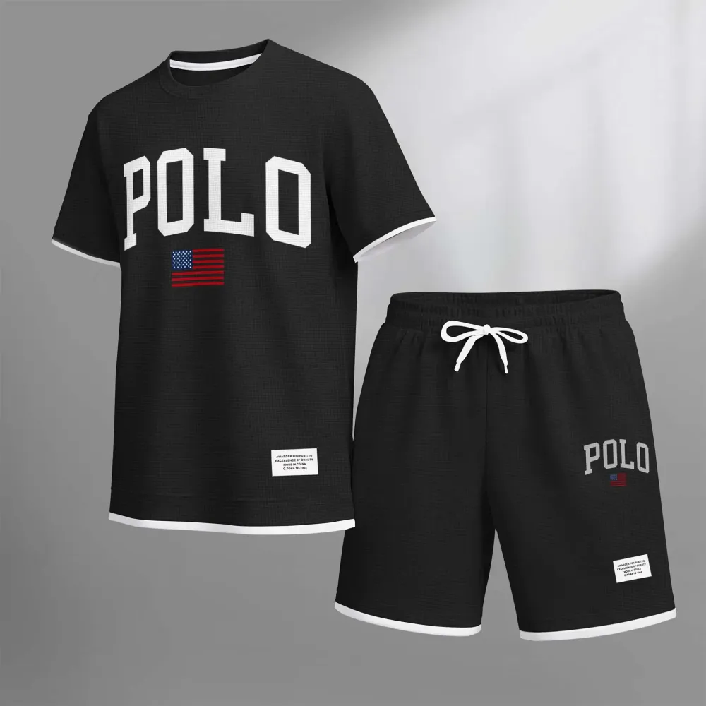 Men's Polo Print Drawstring Shorts Set For Spring/Summer. A Casual Summer Outfit