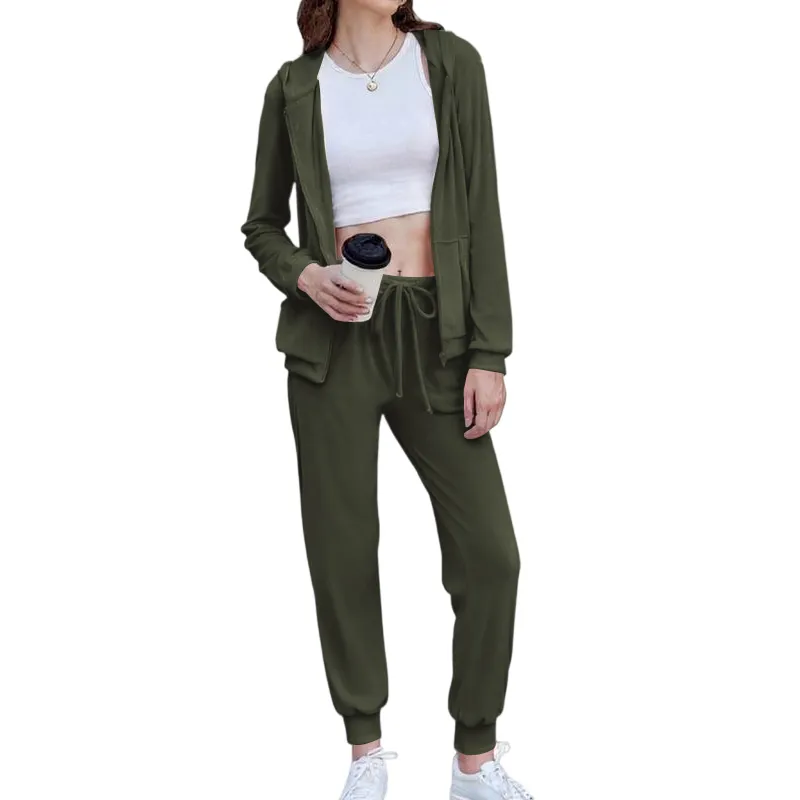 Women's Casual Velour Tracksuit Set Full Zipper Hoodie
