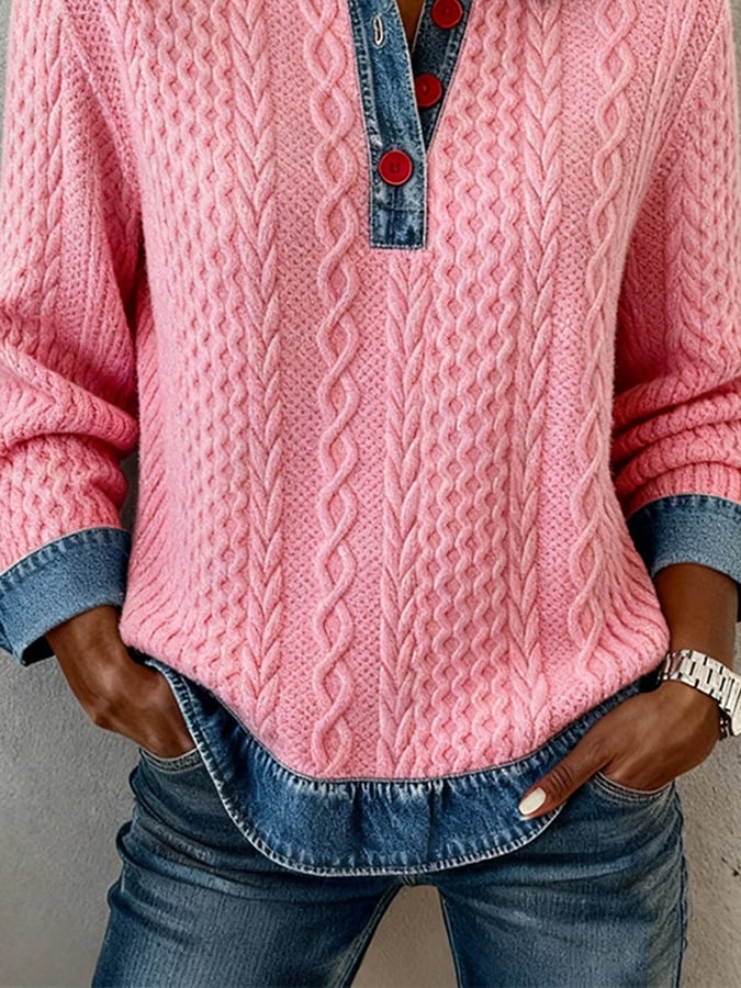 Women's Casual Collared Color Block Sweatshirt