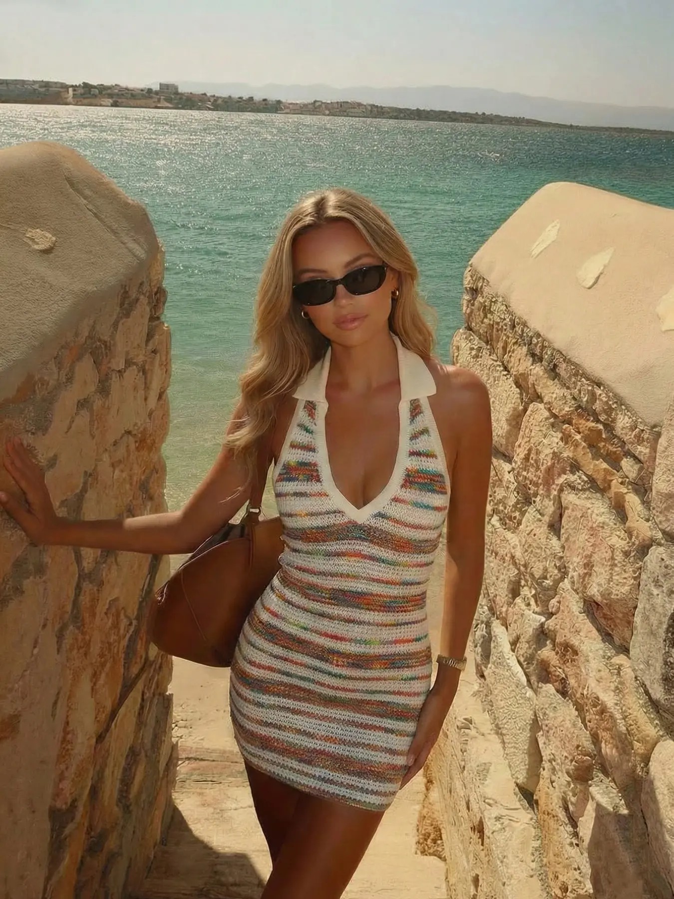 Women's Striped Knit Bodycon Dress – Sexy Sweater Dress for Beach & Vacation