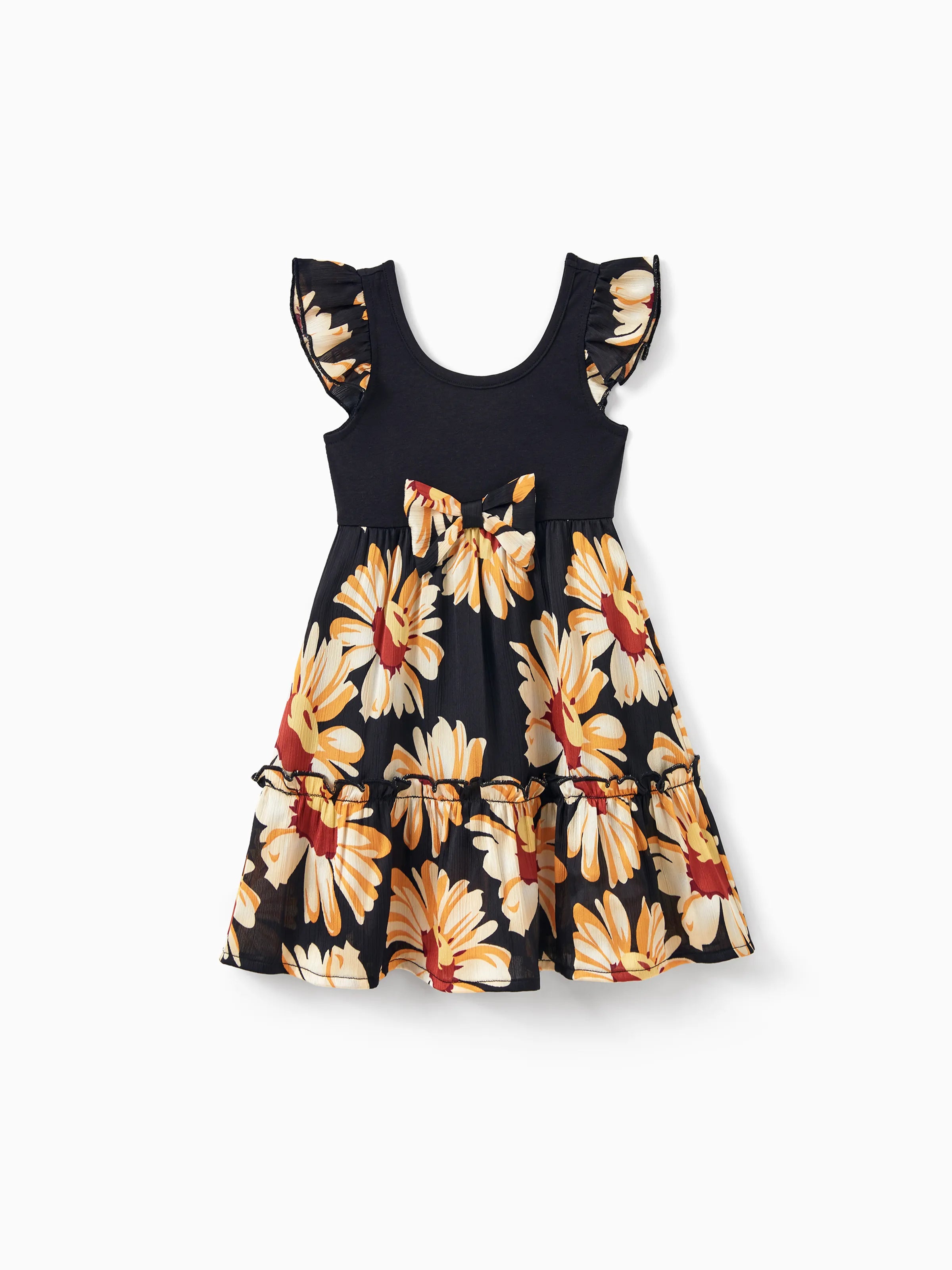 Family Matching Set Floral Sleeveless Strappy Dress or Colorblock Short-sleeve T-shirt  Black