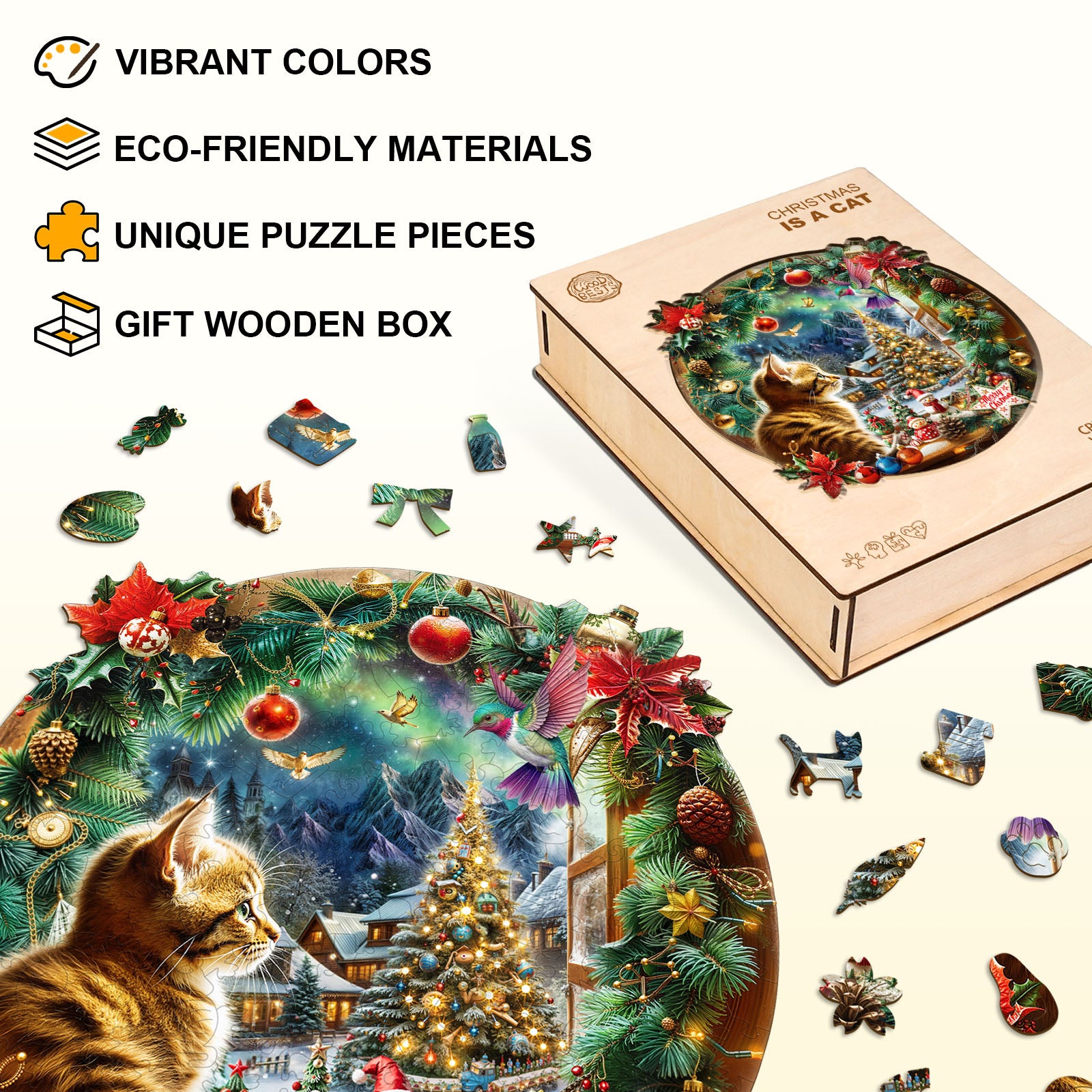 Christmas Is a Cat Wooden Jigsaw Puzzle