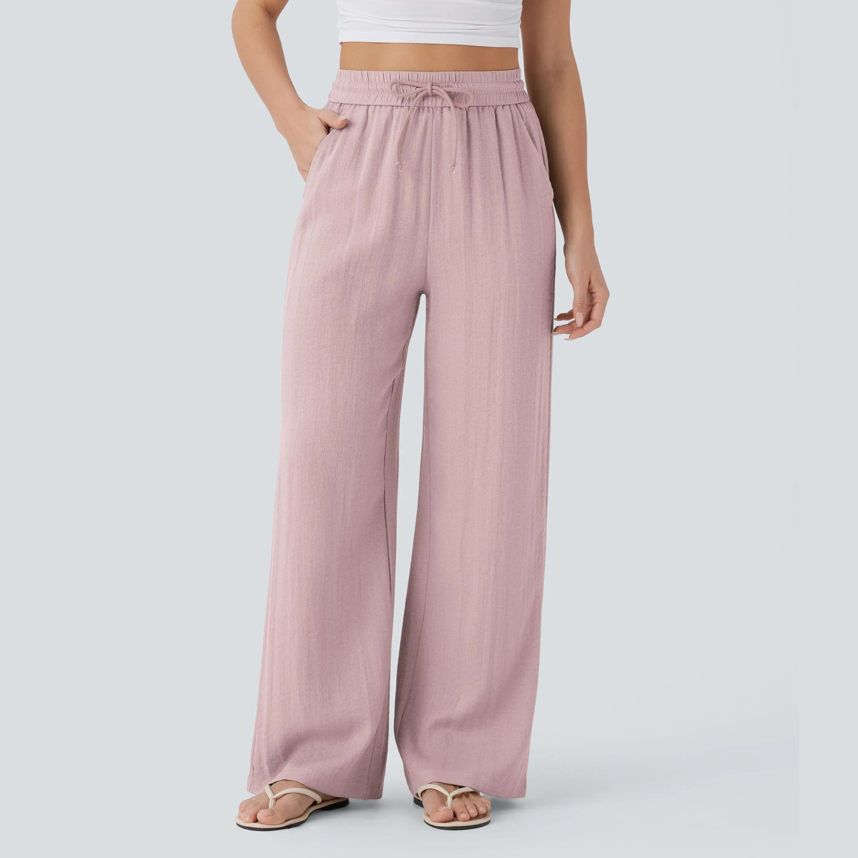 Women's High Waisted Wide Leg Pants – Linen-Feel Casual Drawstring with Pockets