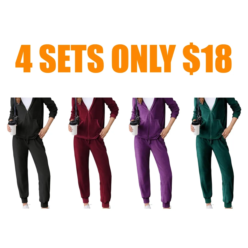 Women's Casual Velour Tracksuit Set Full Zipper Hoodie & Workout Pants Velvet