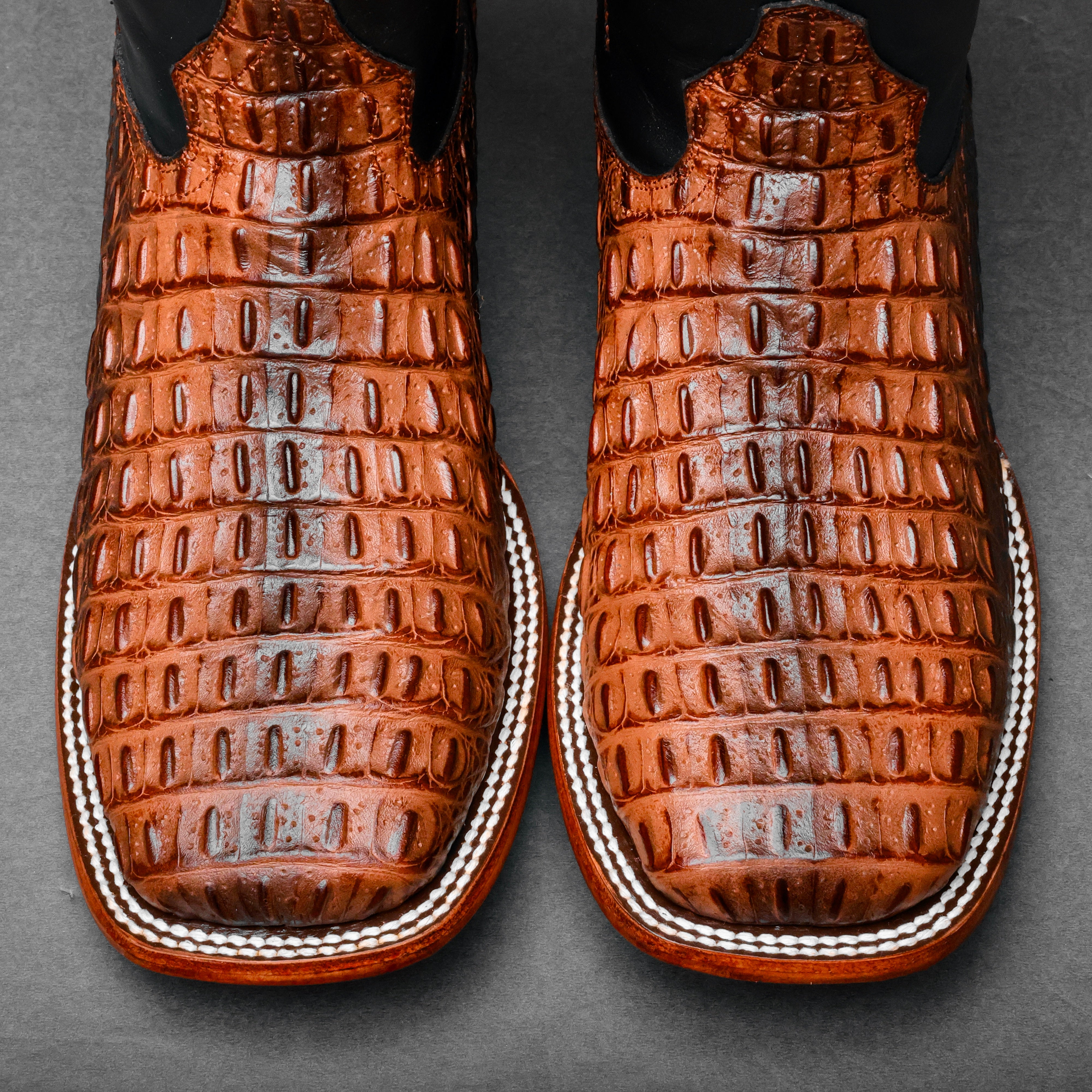 Metallic Cognac Caiman Hornback Leather Boots - Square Toe