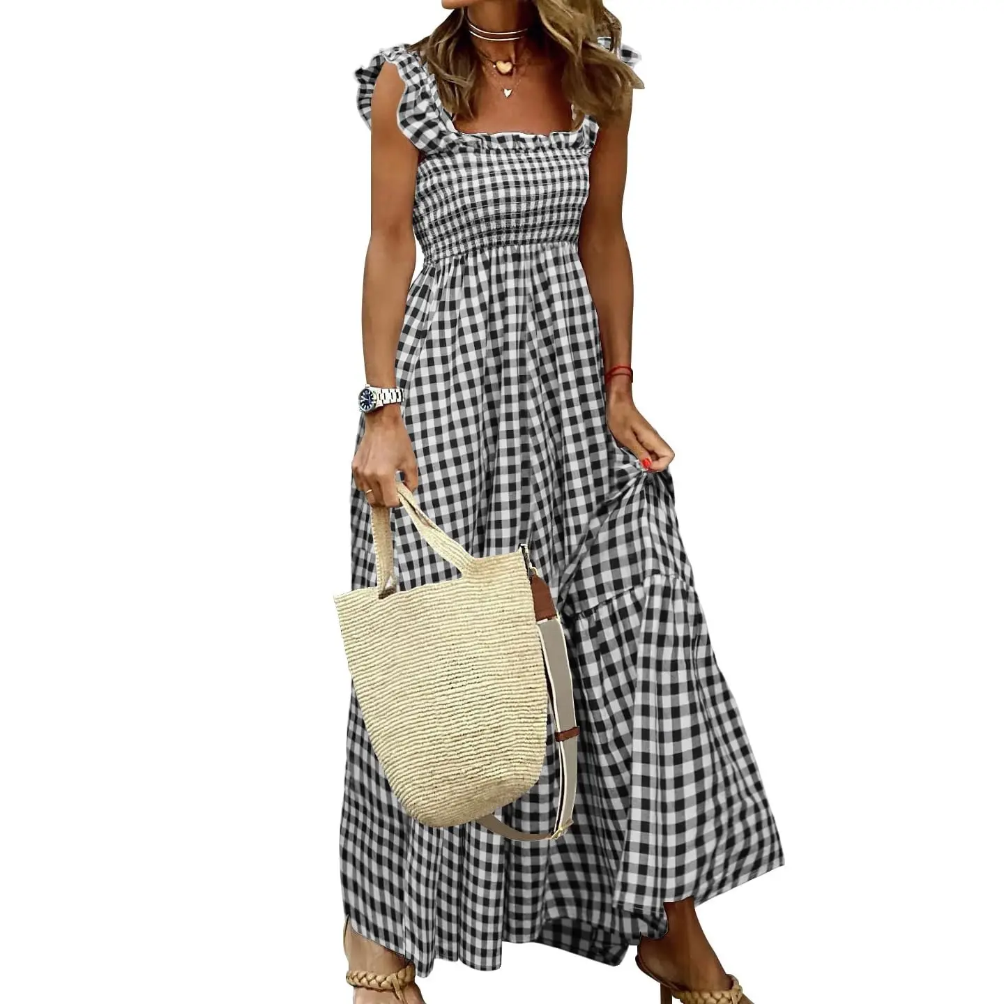 Women's Retro Plaid Smocked Dress Spaghetti Strap Flounce Long Casual Sleeveless Flowy Evening Fashion Basic with Pockets
