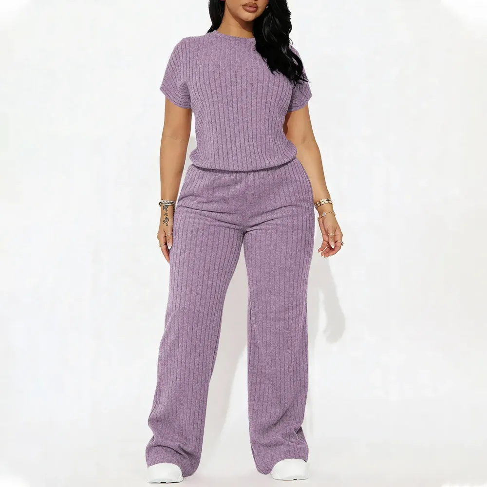 Women's Solid Shortsleeve Crewneck Ribbed Top & Wide Leg Pants Minimalist Casual Fitted