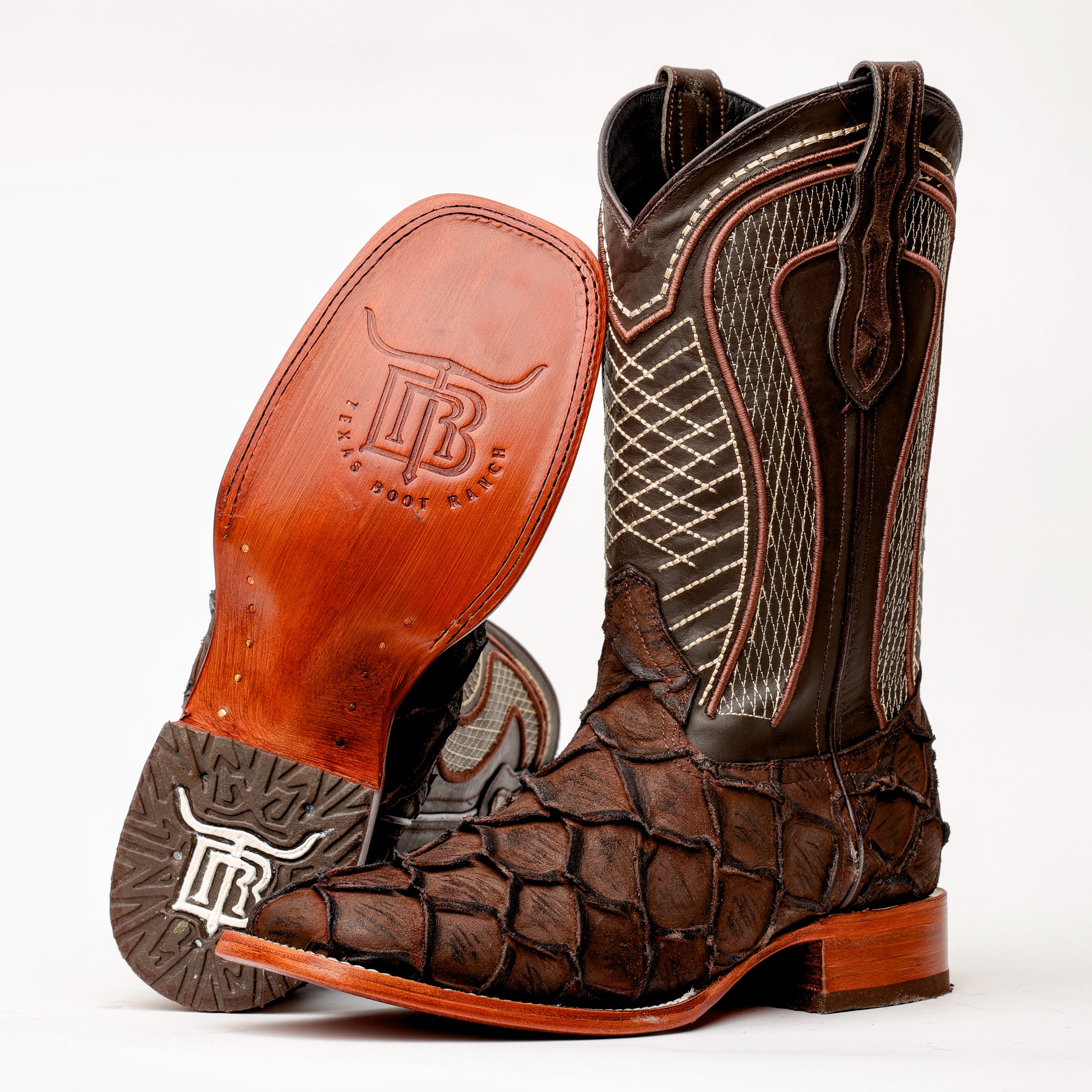 Matte Chocolate Pirarucu Leather Boots - Square Toe