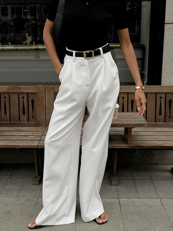 No Belt Pleated Pockets Solid Color High Waisted Loose Trousers Suit Pants