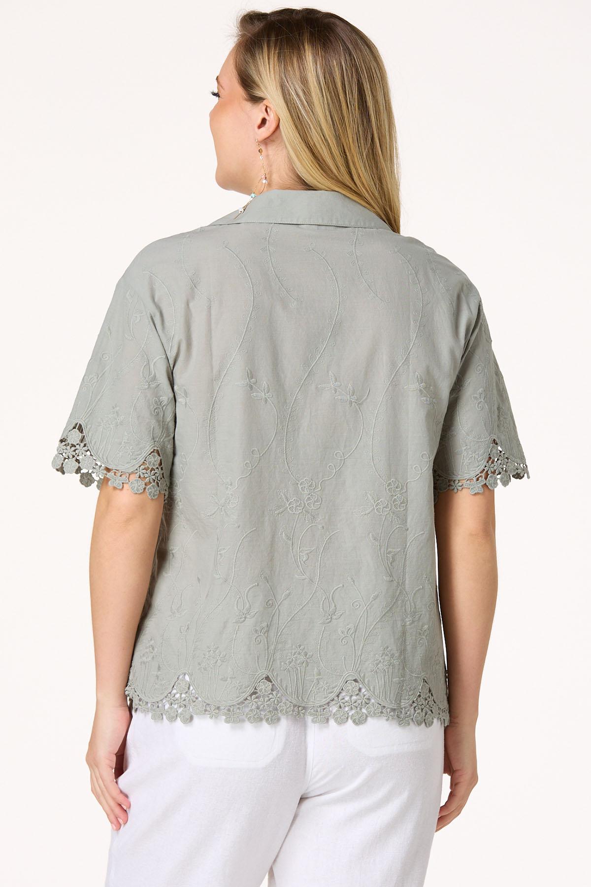 Floral Embroidered Crochet Hem Shirt