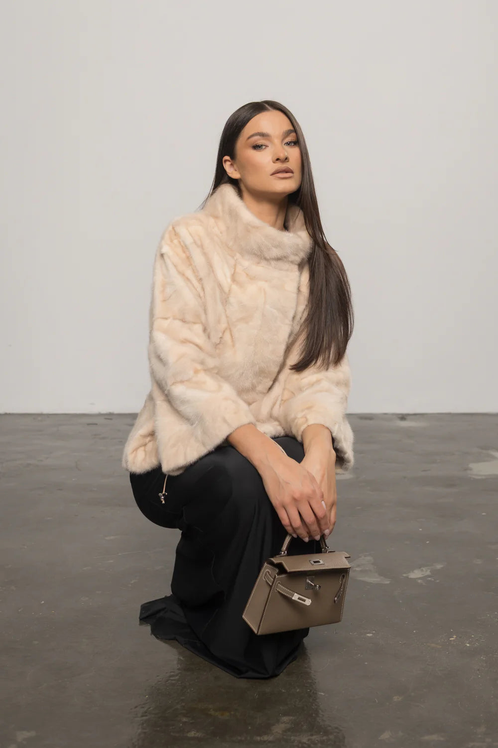 Haină din Blană Naturală de Vizon, Mâneci 3/4, Femei, Pearl 397