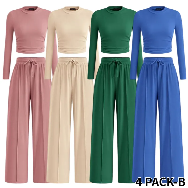 Two-piece ribbed knit long-sleeved cropped top and wide-leg pants