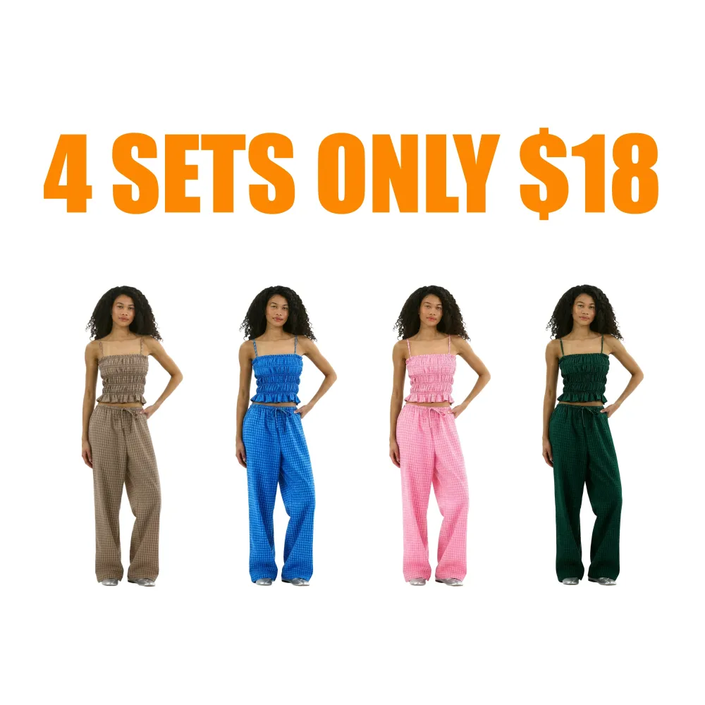 Plaid Seersucker Smocked Cami Top and Pants Set