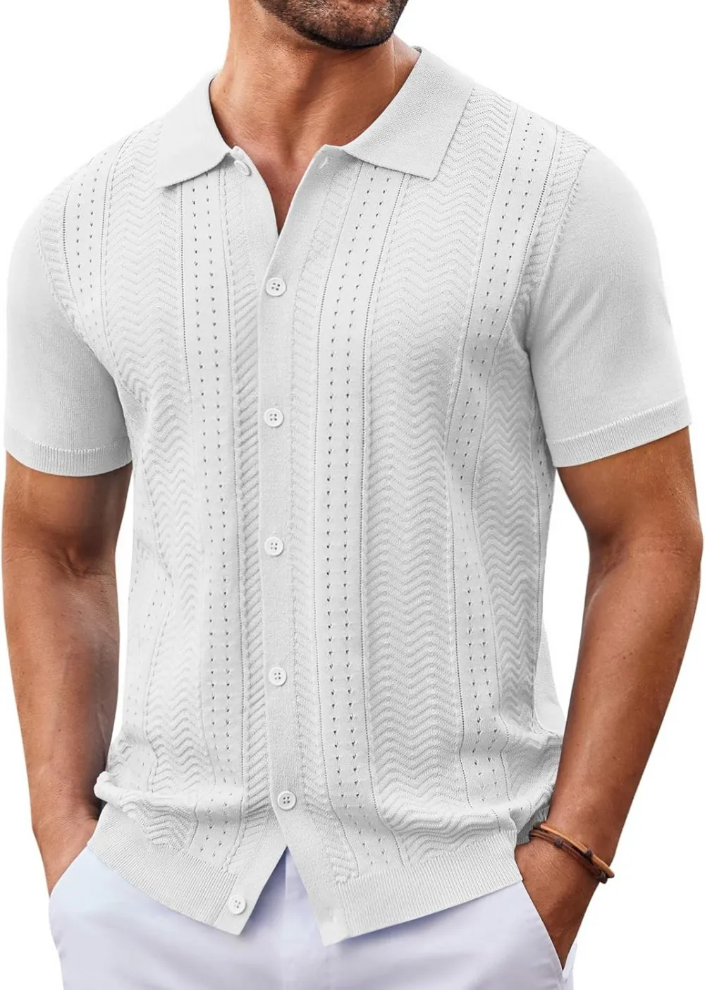 Mens Knit Button Down Shirt Short Sleeve Summer Casual Shirts Vintage Beach Vacation Shirts