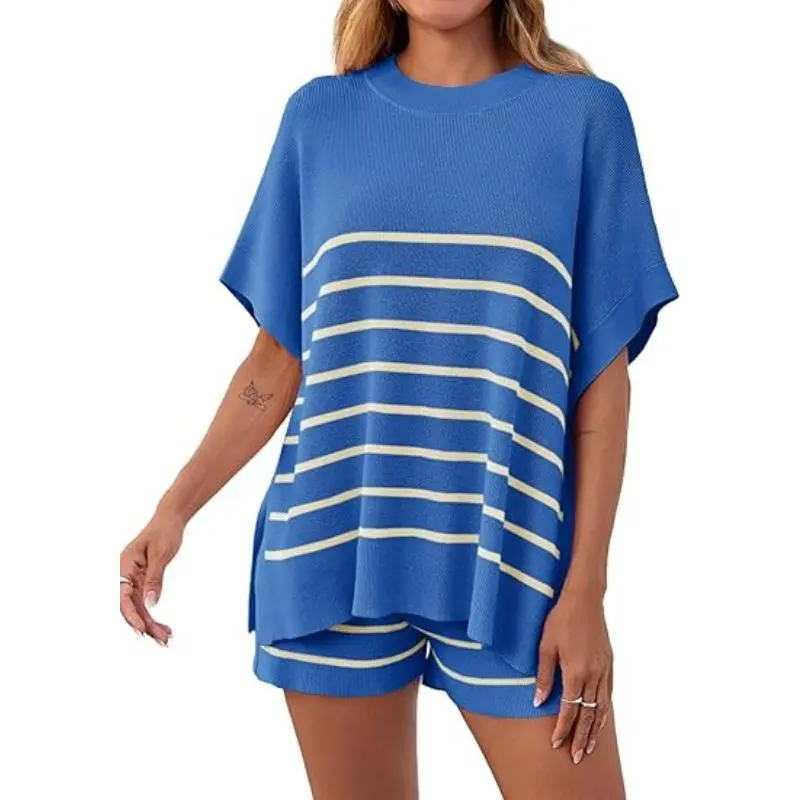 Women's Striped 2 Piece Outfits Oversized Batwing Short Sleeve Tops High Waisted Shorts Summer Knit Lounge Short Sets
