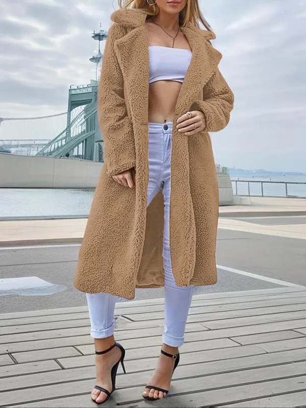 Women's Plain Pocket Button Front Faux Fur Coat