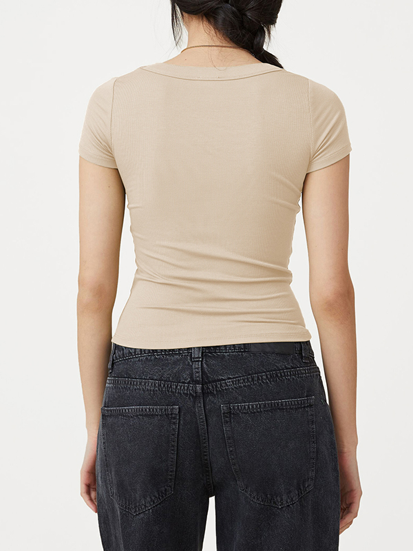 Solid Color Short Sleeves Skinny Square-neck T-Shirts Tops