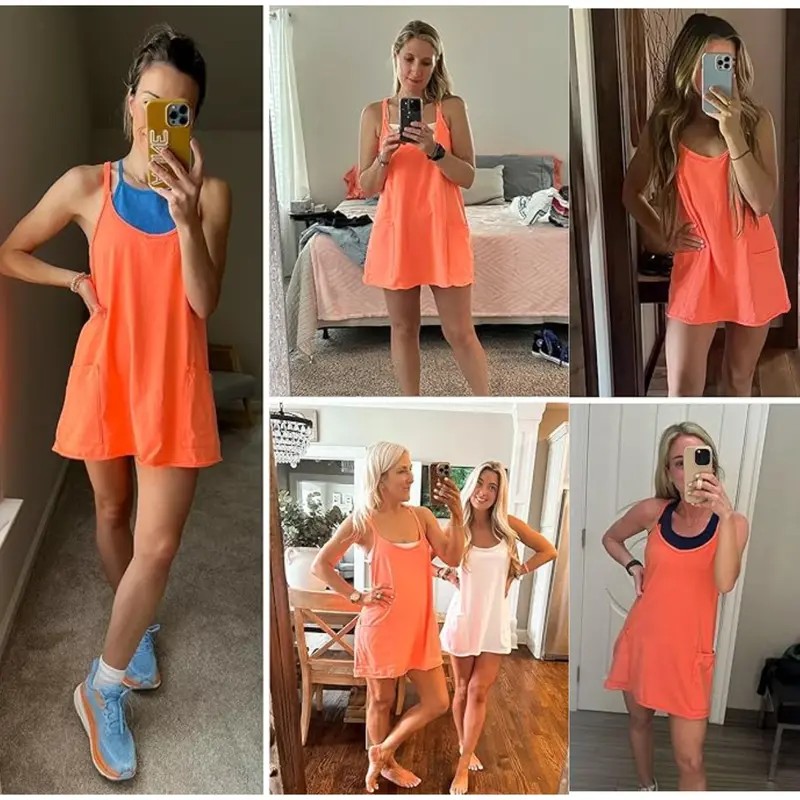 Women's Summer Sleeveless Mini Dress with Built-in Shorts V Neck Spaghetti Straps Athletic Shorts Tennis Dress with Pockets