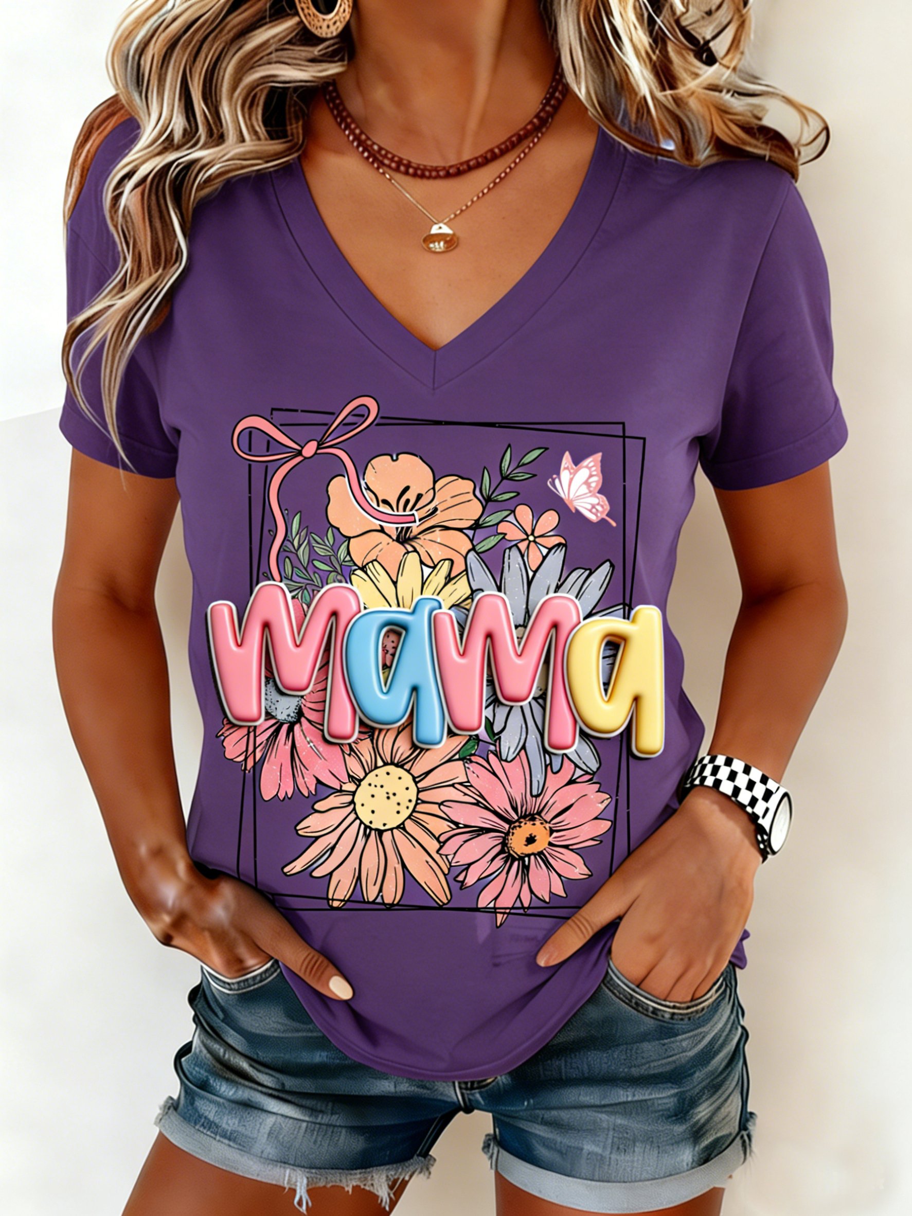 Mother's Day 3D Printing Letter Pattern Floral Short Sleeve V Neck Loose  Casual T-Shirt