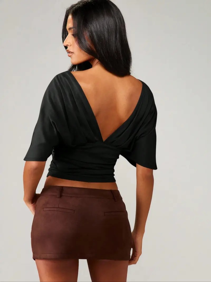 Women's Waist Cinched Backless Bodycon Top – V-Neck Slimming Fit