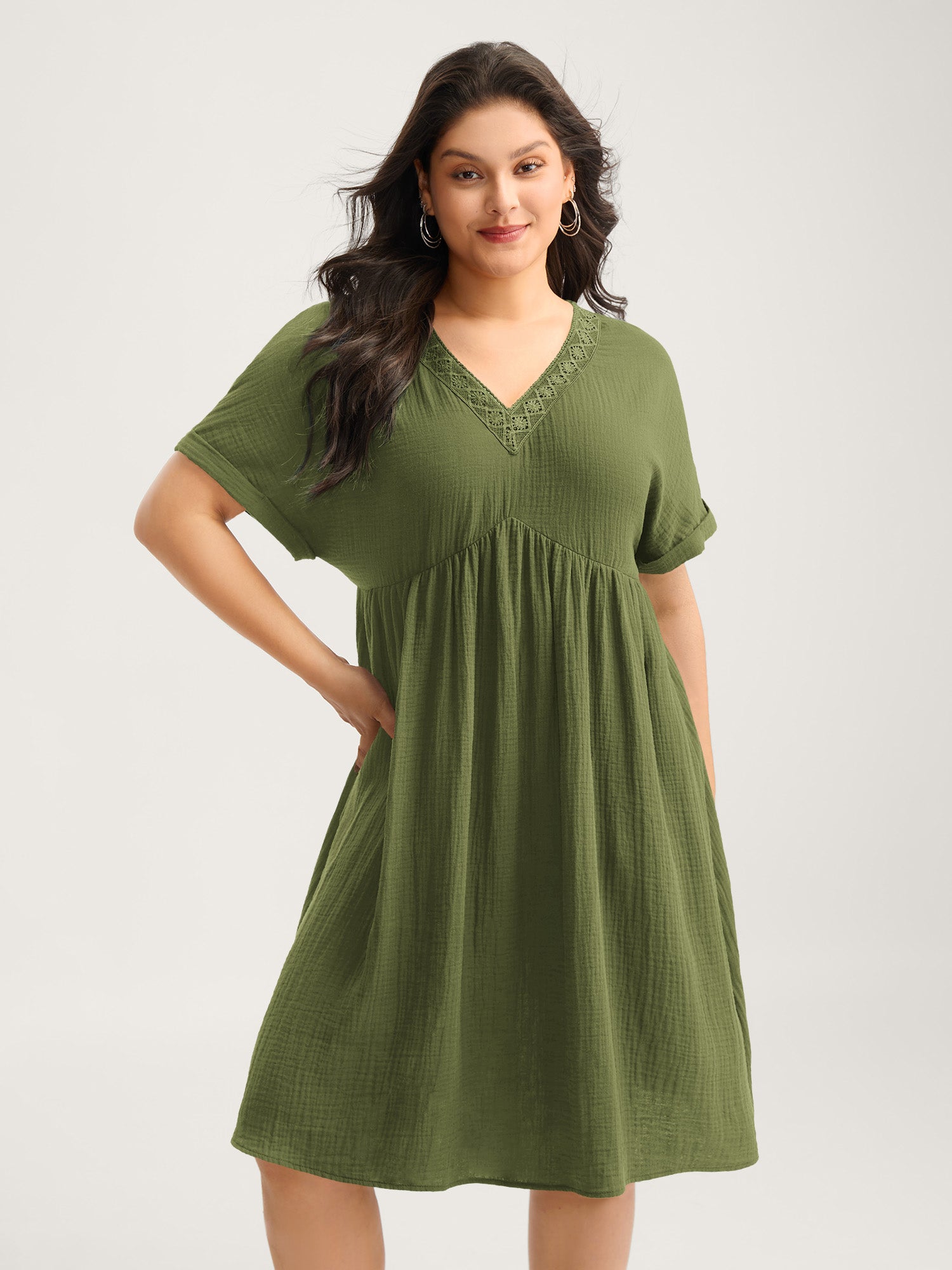 Pure Cotton Lace V-Neck Solid Mini Dress