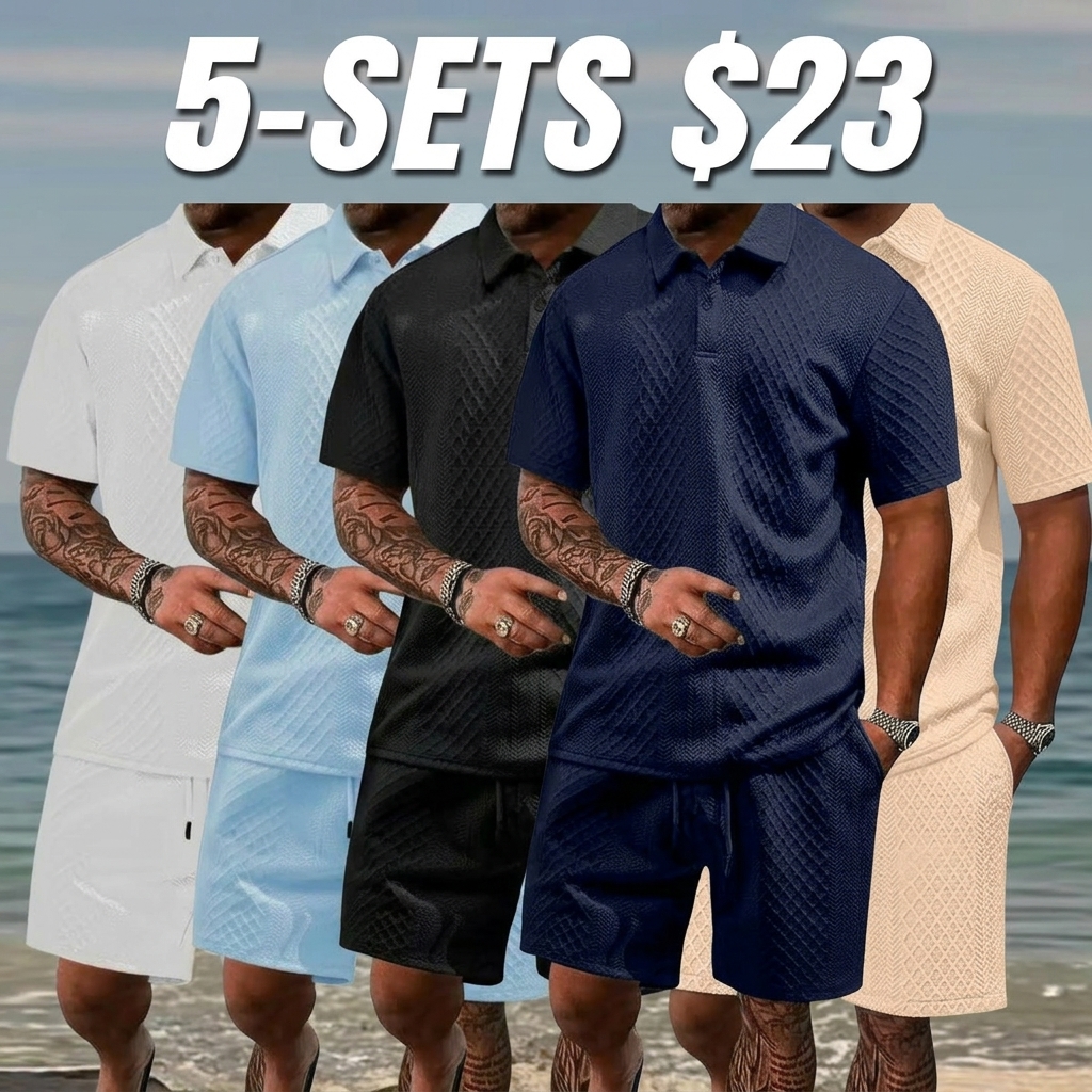 Men's summer casual texture fabric solid color polo shirt T-shirt shorts 2-piece set