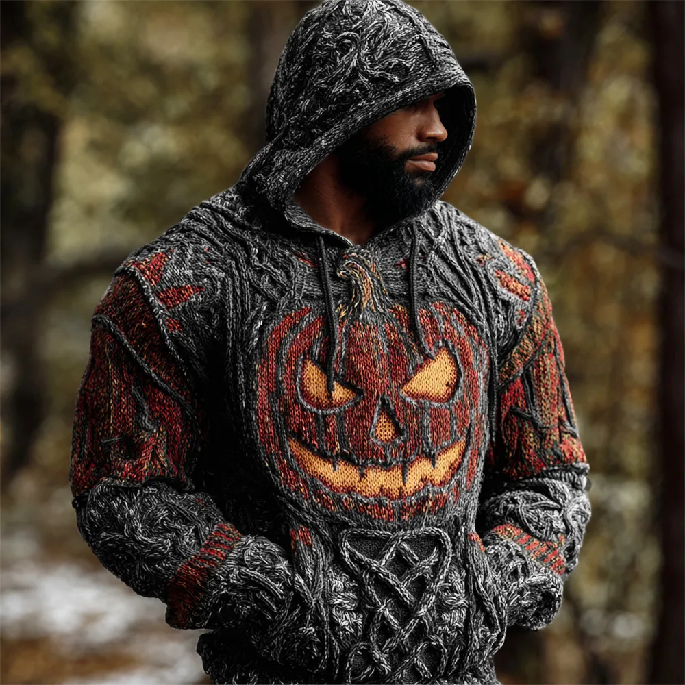 Halloween Pumpkin Lights Men's Chunky Knit Hooded Sweater