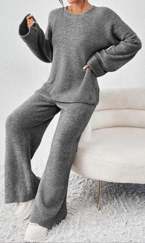 Women's Raglan Sleeve Split Long Sleeve Sweater & Elastic Waist Pants Set