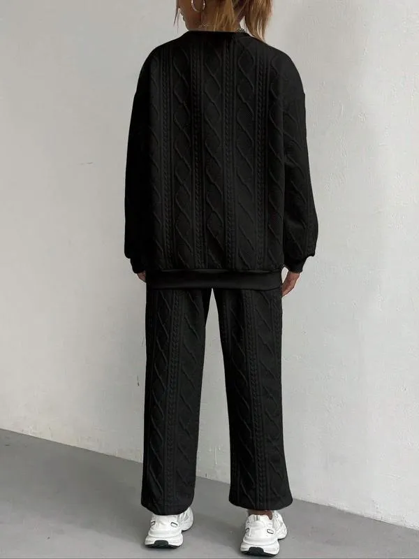 Women's Solid Patched Drop Shoulder Sweatshirt & Elastic Waist Pants Two-piece Set