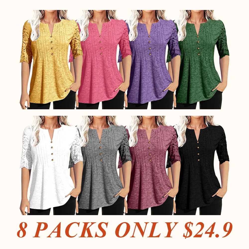 Women's Lace Sleeve Summer T-Shirt V-Neck Botton Up Basic Solid Color Casual Tunic Tops
