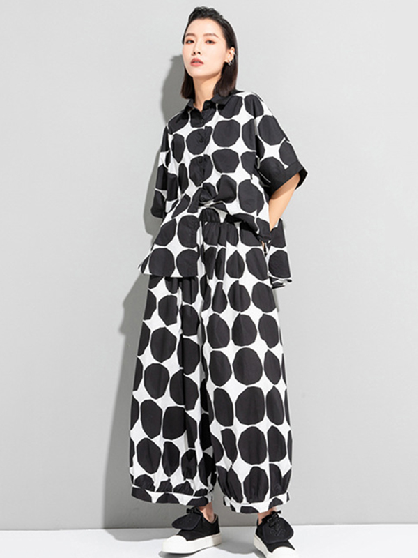 Urban White Black Polk-Dot Printed Wide Leg Pants