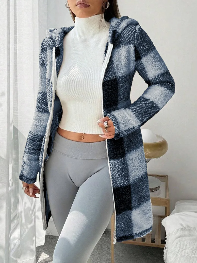 Women's Plaid Fleece Long Sleeve Hooded Coat