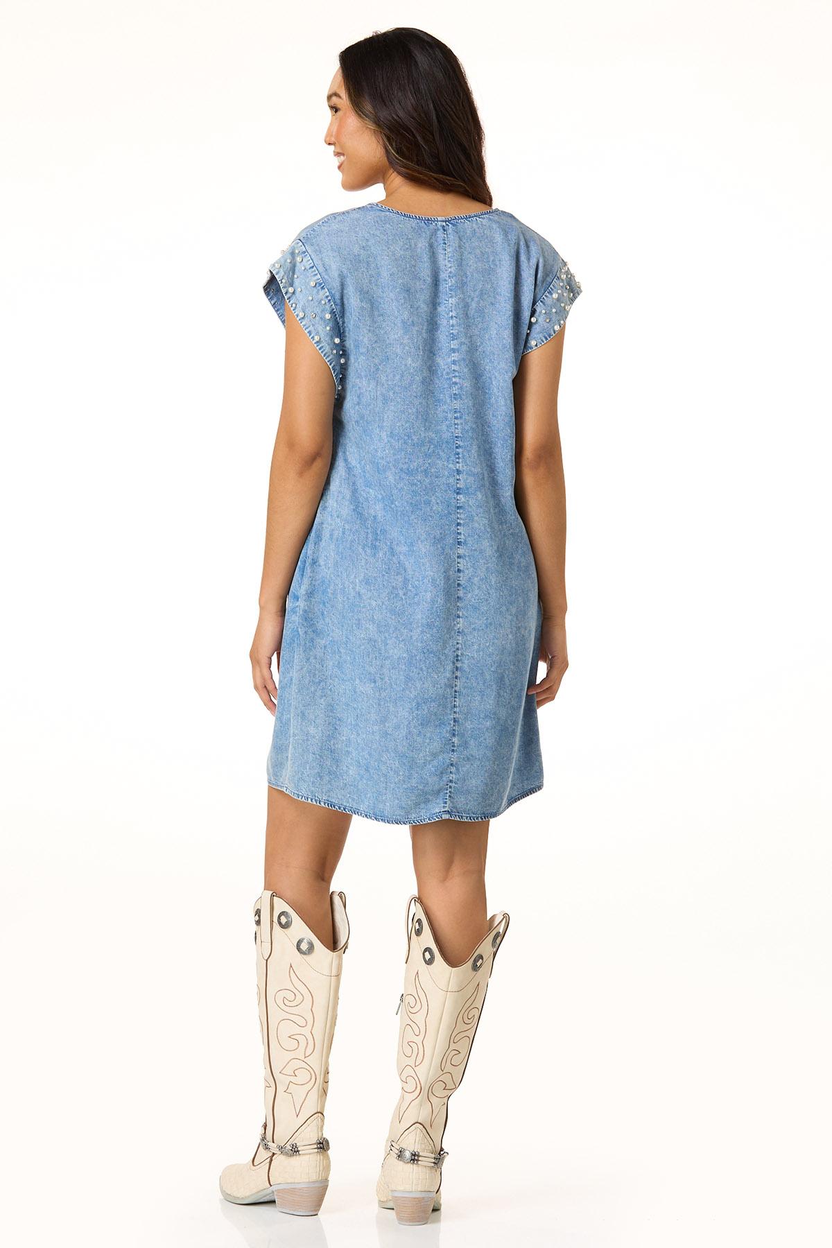 Pearl Trim Denim Shift Dress