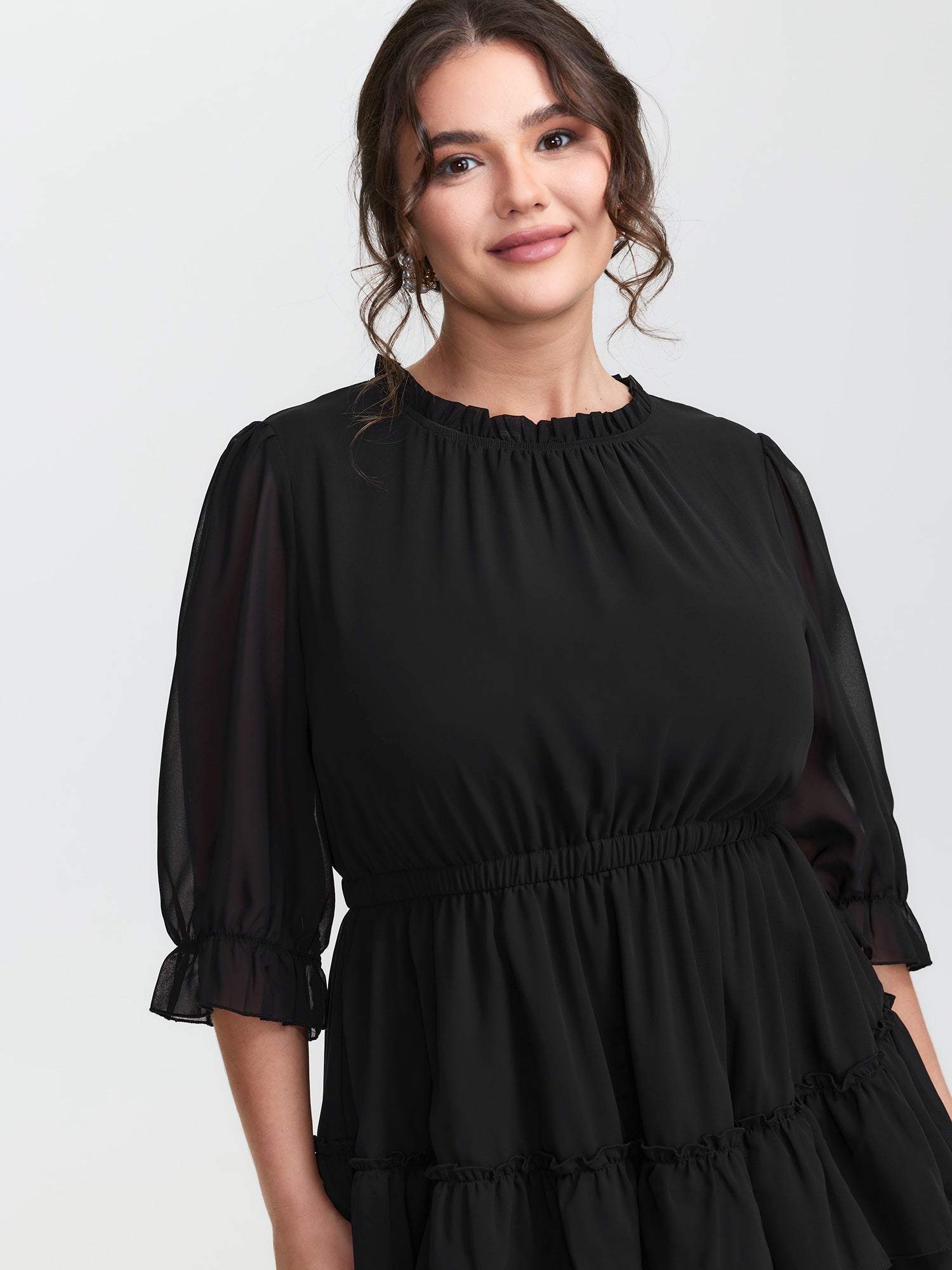 Three-Quarter Sleeve Tulle Skirt Knee-Length Dress