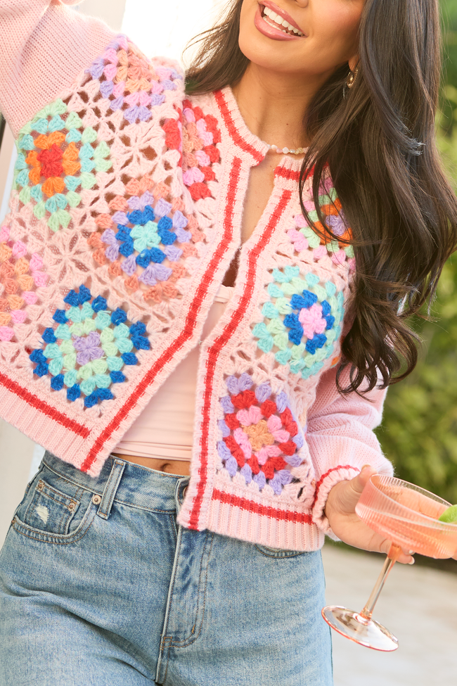 Emmie Pink Crochet Open Cardigan