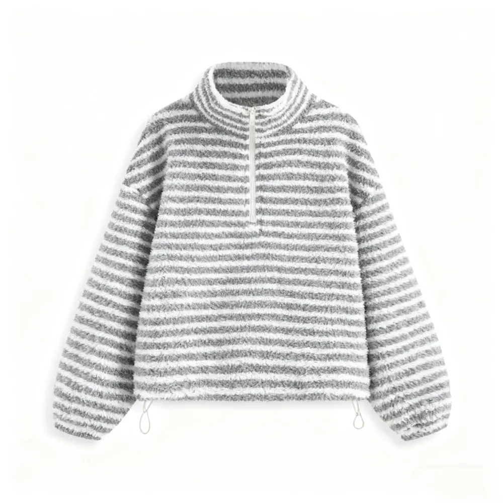 Fleece Stripe Stand Collar Drawstring Half Zip Oversized Sweatshirt