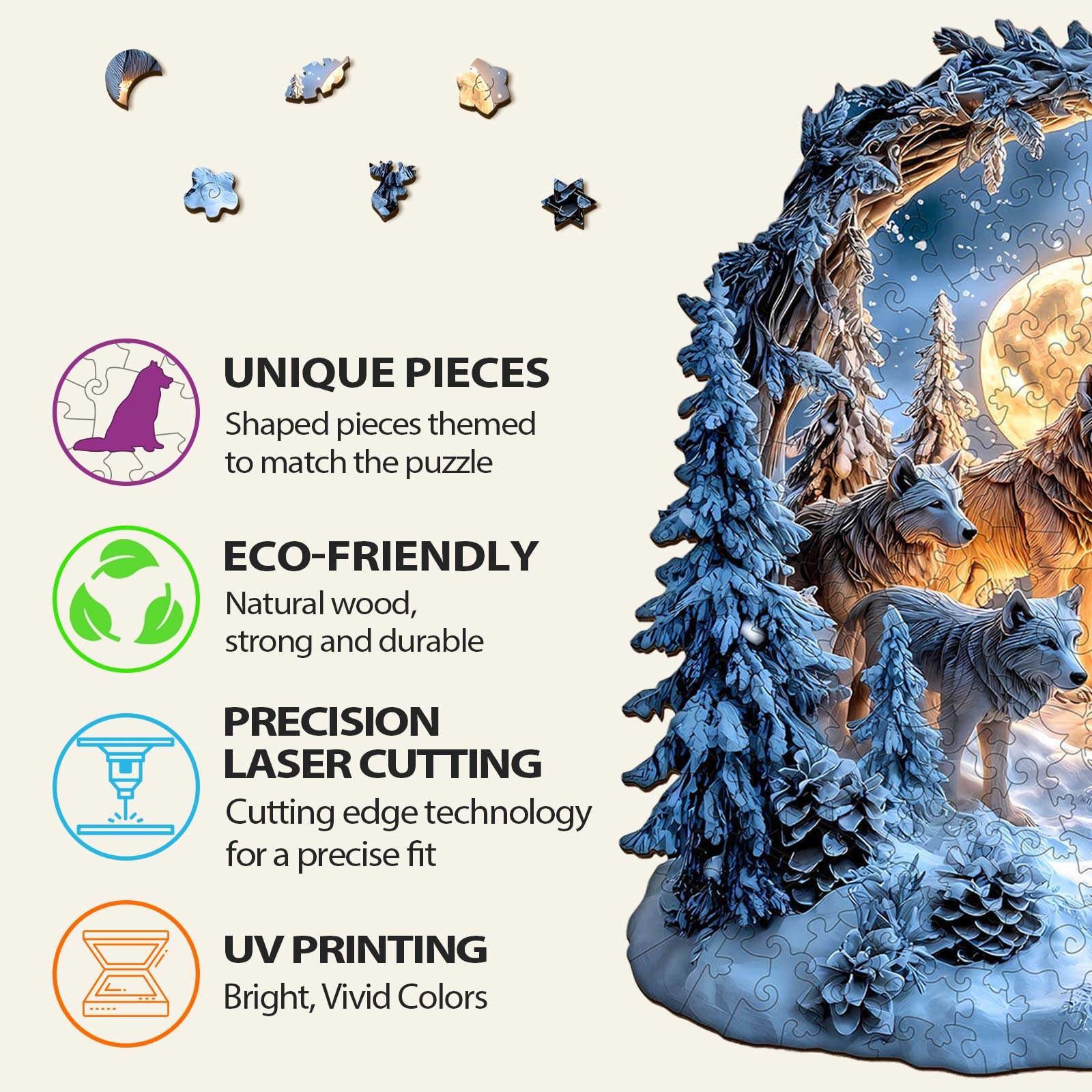 Snowy Night Wolf Pack Wooden Jigsaw Puzzle