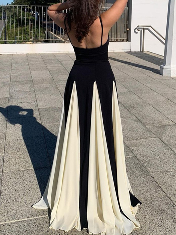 Backless Contrast Color Pleated Split-Joint High Waisted Sleeveless Spaghetti-Neck Maxi Dresses