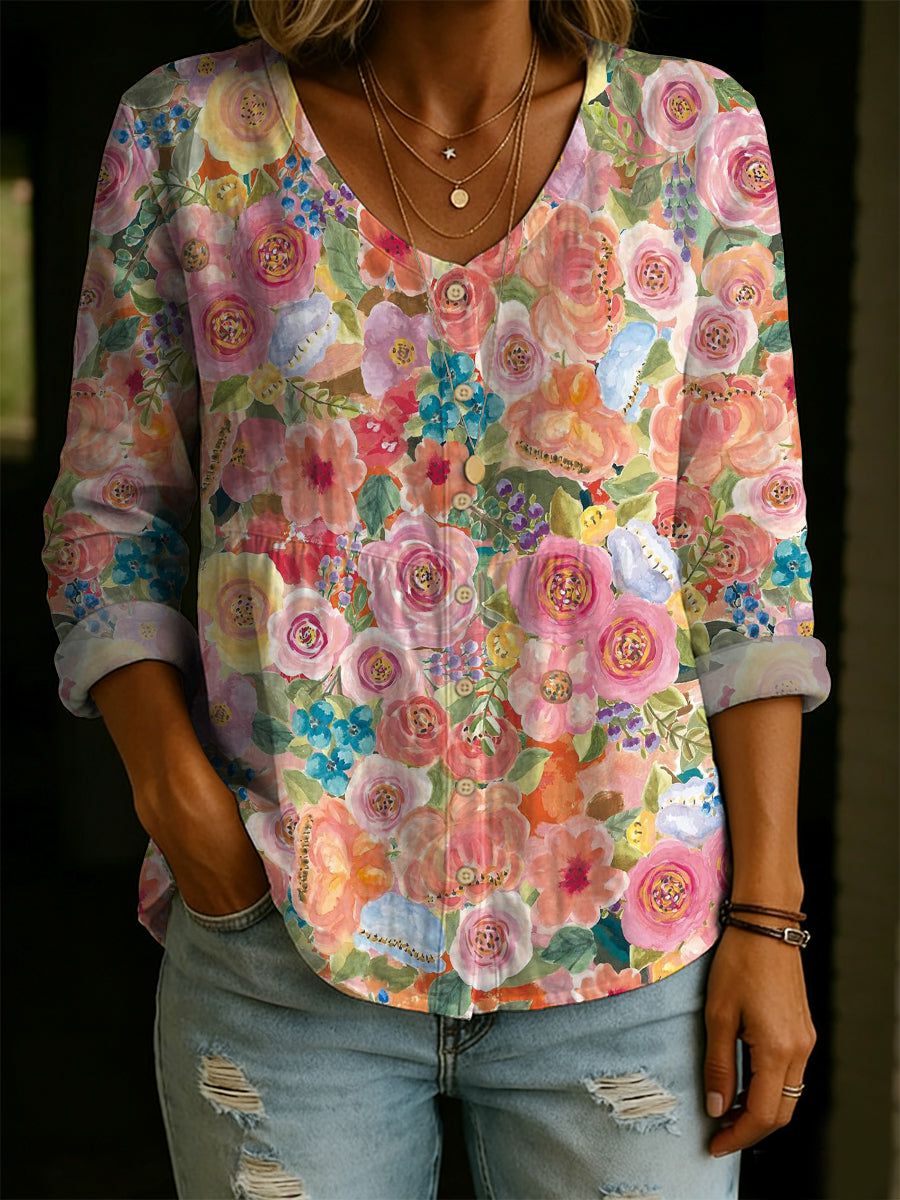 Women's Elegant Floral Decorative Pattern Linen And Cotton Shirt