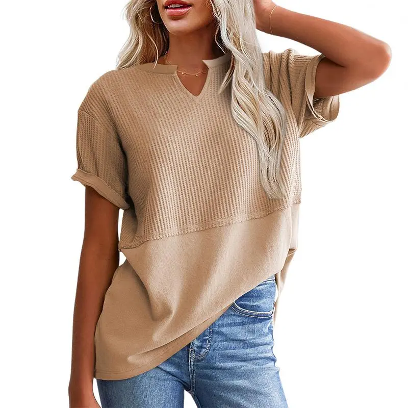 2026 Spring/Summer Cozy Oversized Waffle Knit V-Neck Top Women's Short Sleeve Pullover