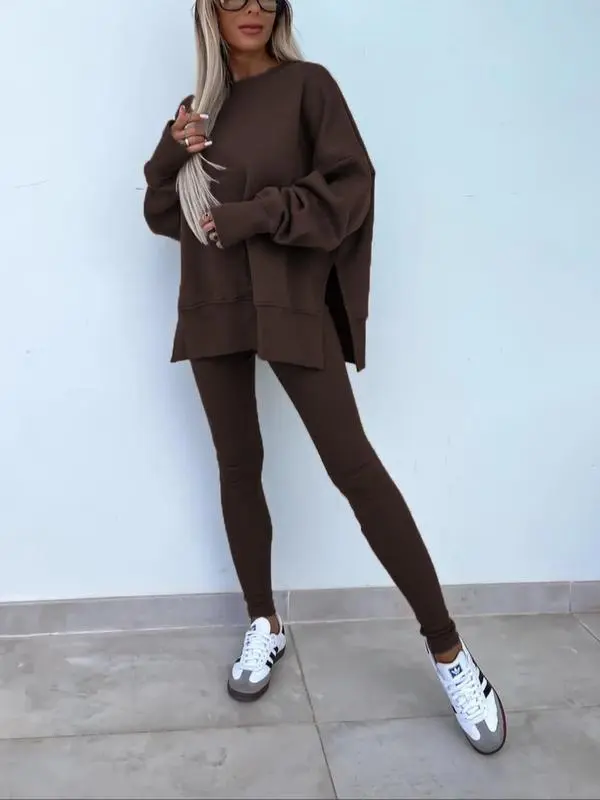 🔥6 PACKS $23🔥-Women's Drop-Shoulder Split Hem Sweatsuit Set