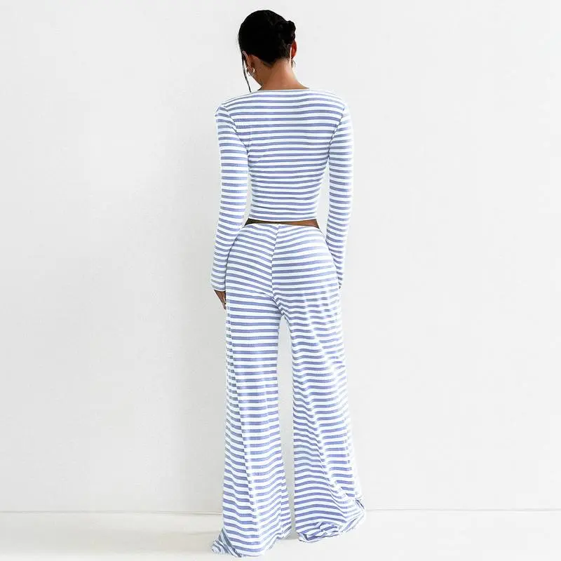 Women's Stripe Square Neck Long Sleeve Crop Top & Wide Leg Trousers Set
